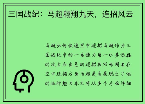 三国战纪：马超翱翔九天，连招风云